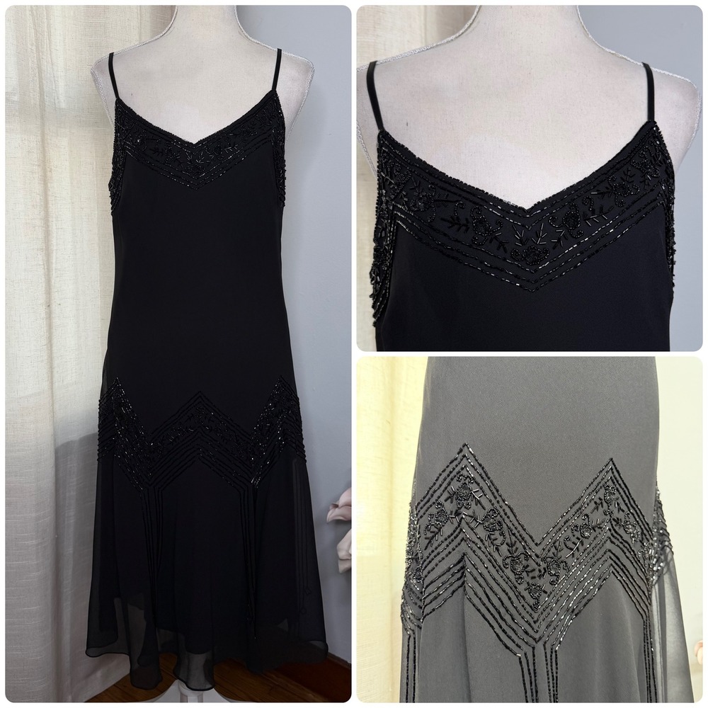 Y2K Vintage JMD Glass Beaded Midi Silp Dress Art Deco Whimsigoth Fairy Black XL